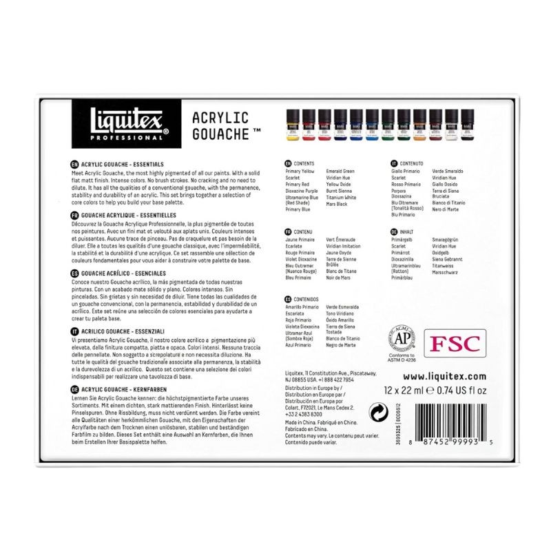 Set culori Acrylic Gouache 12x22ml Essentials Liquitex
