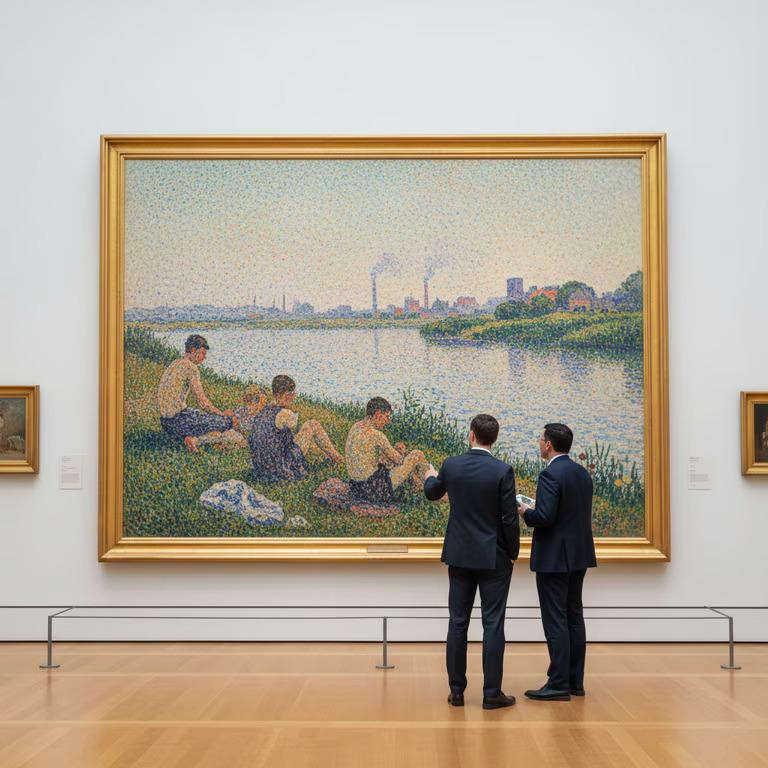 Artisti reprezentativi ai pointilismului - doi barbati privesc o pictura intr-o galerie de arta