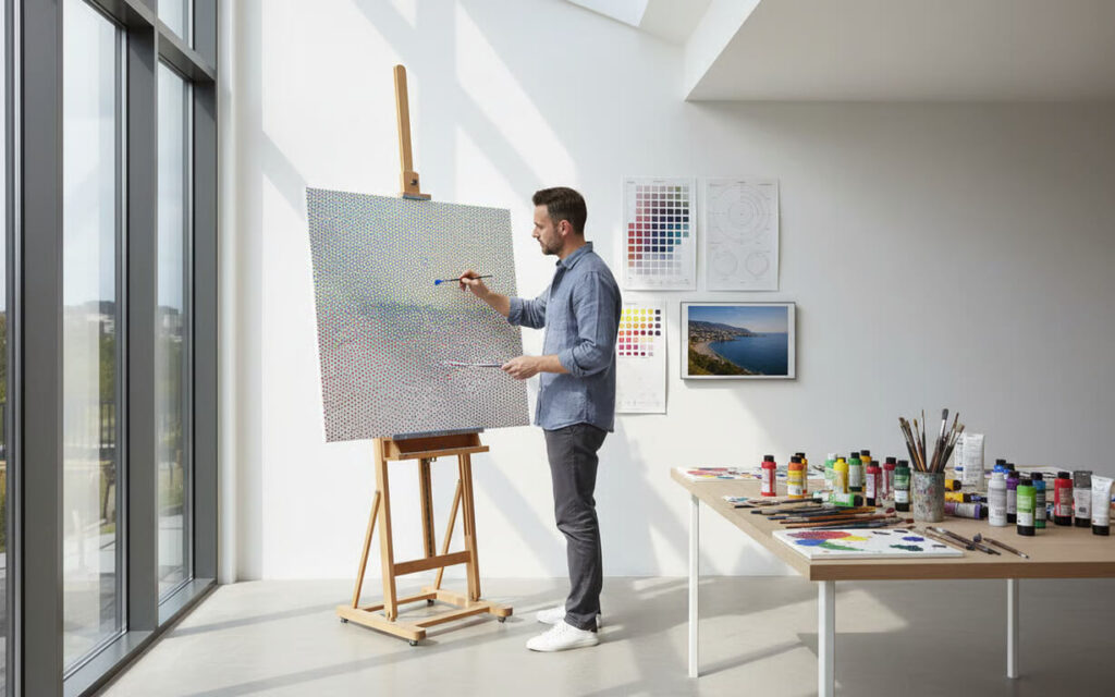 Avantajele si provocarile tehnicii pointilismului pentru artistul modern - Artist contemporan, picteaza in stil pointilist pe un sevalet, intr-un atelier modern