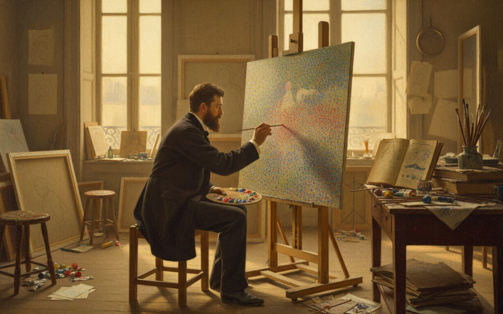 Georges Seurat - fondatorul pointilismului si revolutia neo-impresionismului - Georges Seurat lucrand in atelierul sau la o pictura pointilista