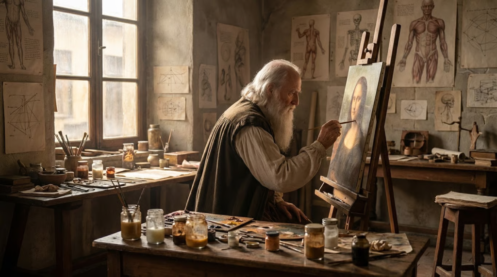 Leonardo da Vinci (reprezentare artistica a studioului lui da Vinci, picturi, studii anatomice)