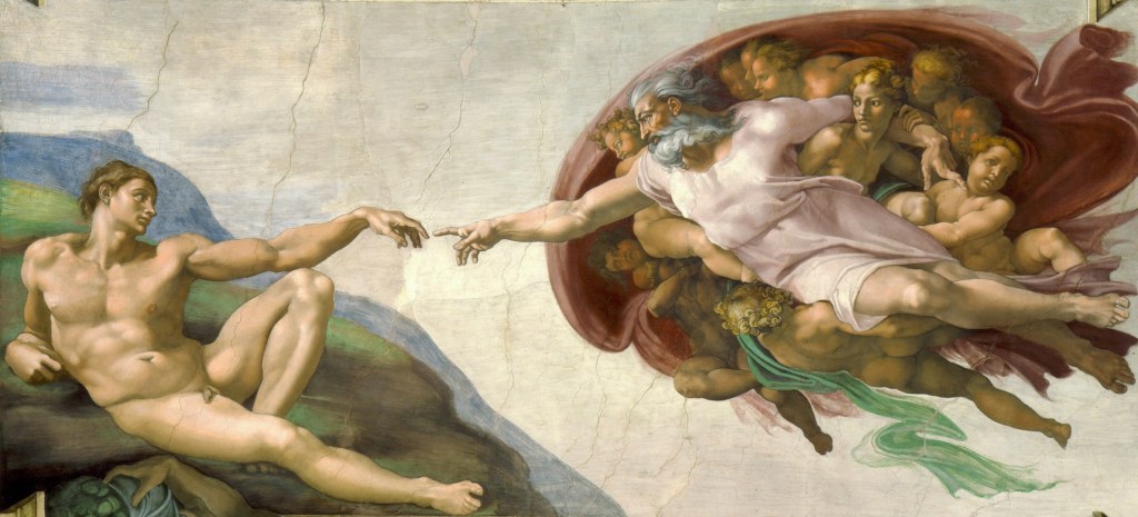 renașterea: Facerea lui Adam pictură realizată în tehnică fresco de Michelangelo
