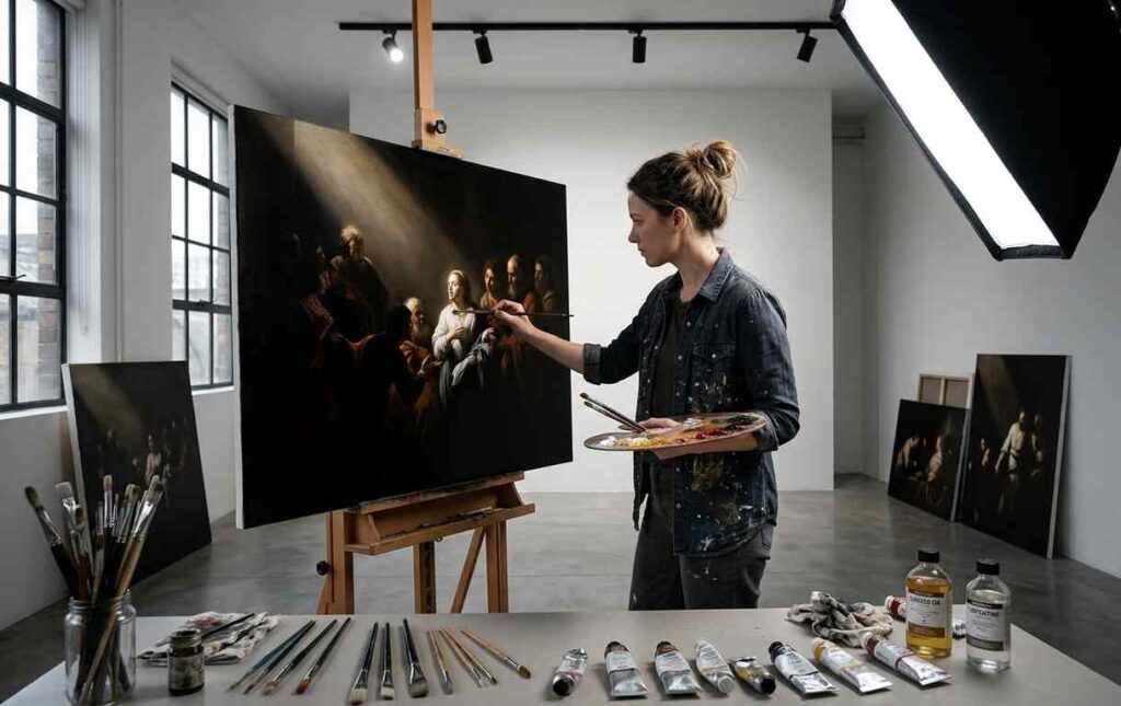 Influența tenebrismului asupra curentelor artistice moderne, atelier de pictura, femeie, pensule, culori