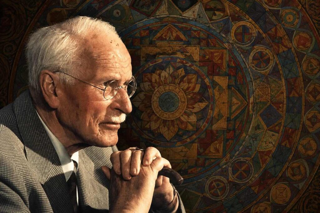 Mandala in psihologie (Carl Gustav Jung, portret color, fundal cu mandala colorata)