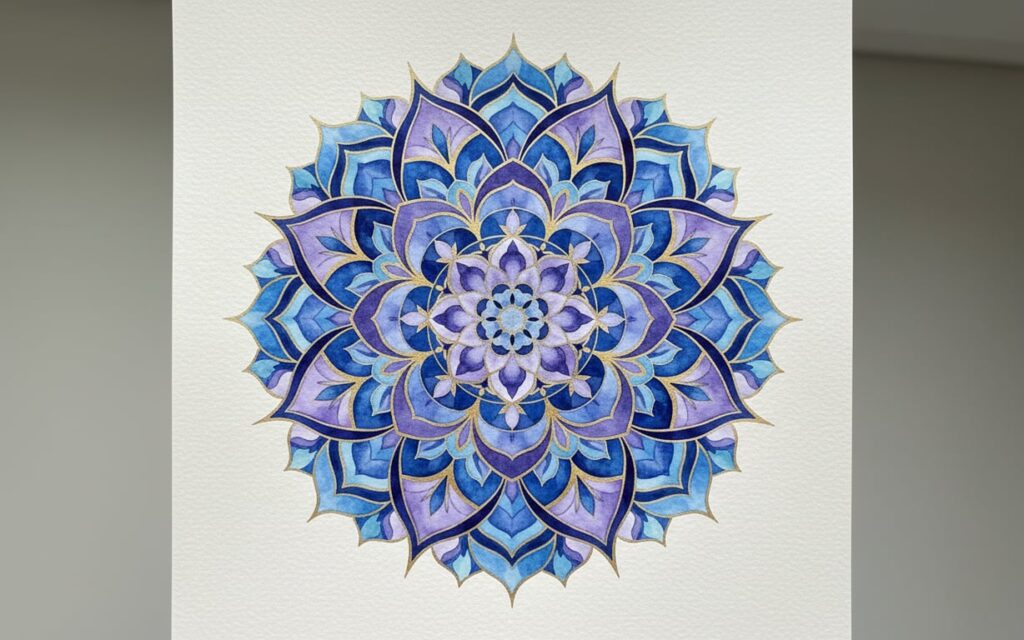 Culorile si echilibrul vizual (mandala in nuante reci, albastru si mov, motive florale)