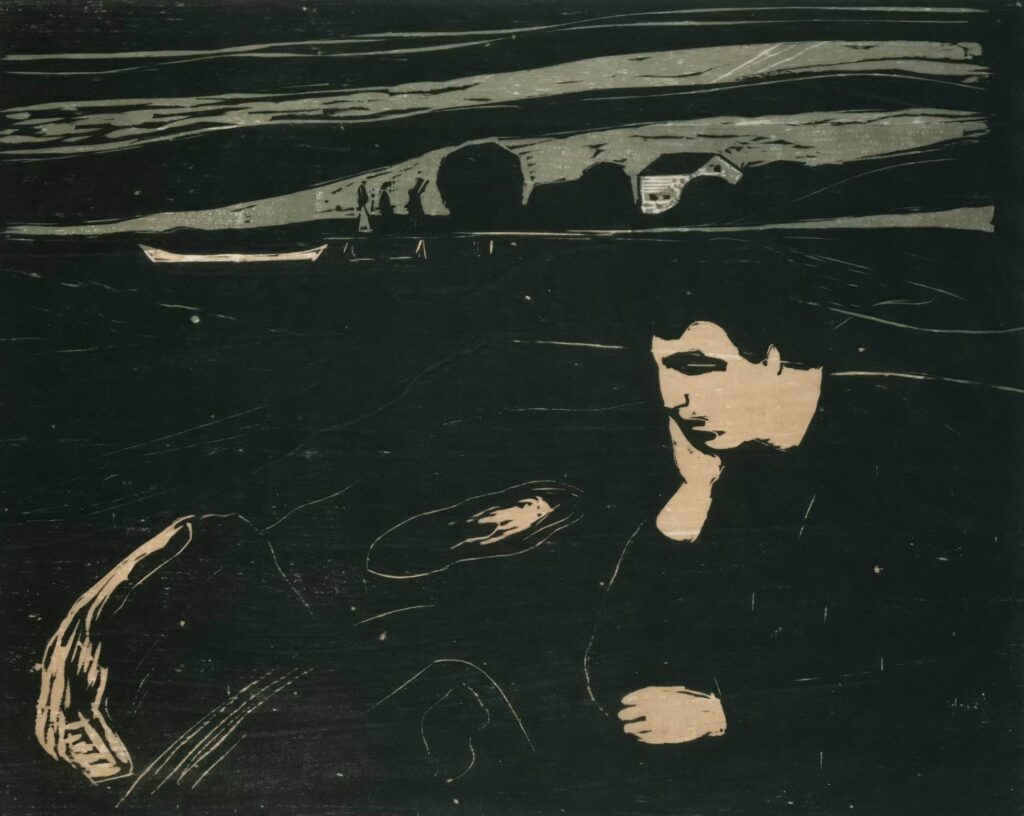 Expresionismul abstract (schita cu un barbat singur, desen de Munch, melancolie, noapte)