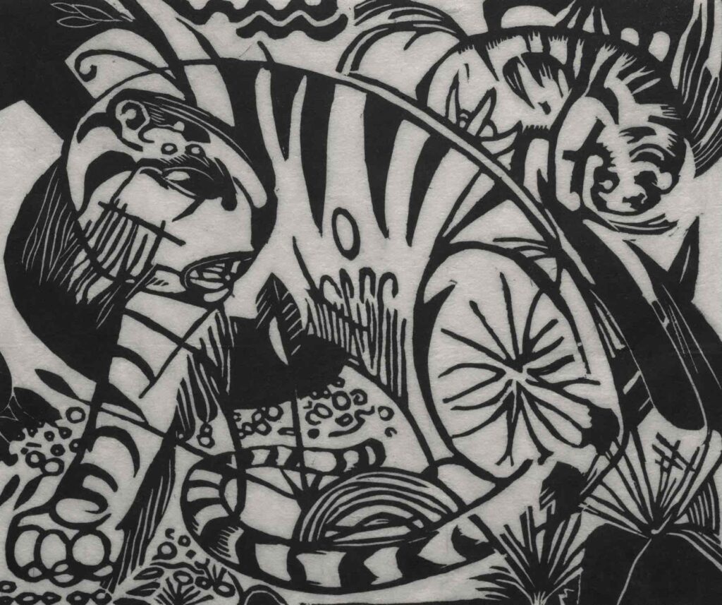 Pictori expresionisti (schita abstracta cu tigru, desen de Franz Marc, jungla)